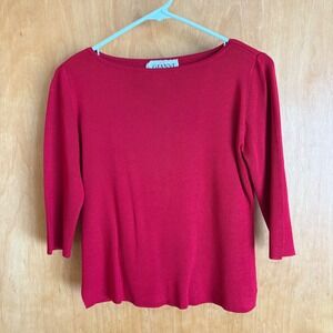 Gianni Silk Knit Top Red‎ 3/4 Sleeve Boat Neck Classic Timeless Pullover